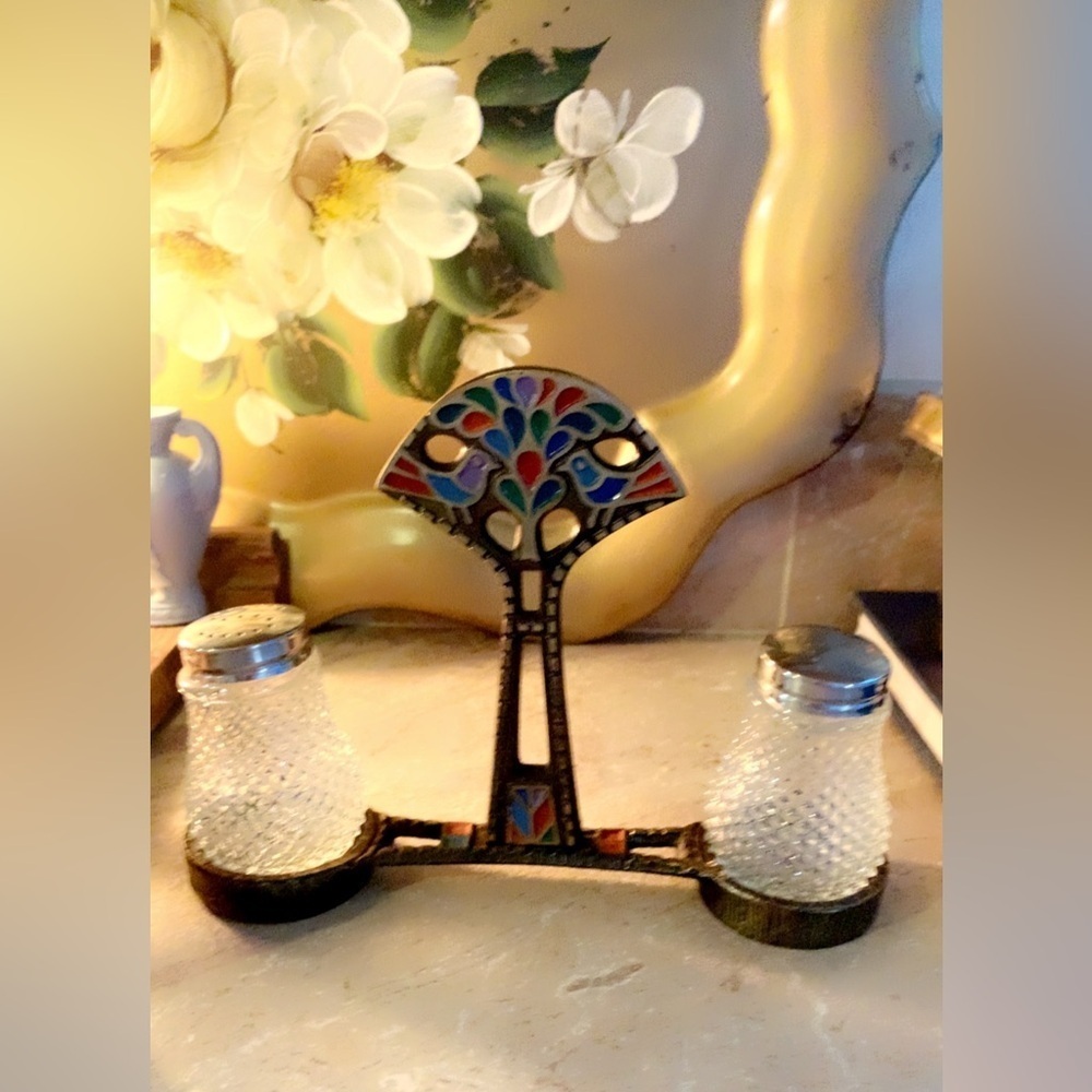 Vintage Enamel Brass Holder Made In Israel. Birds. Shown W/ Salt N Pepper Holder